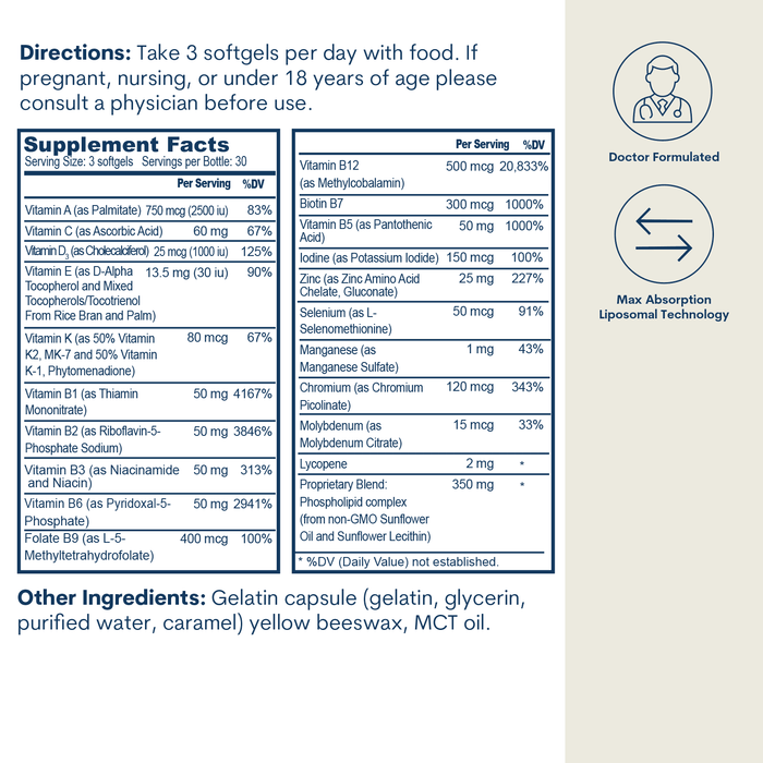 Liposomal Active B-Complex Multivitamin w/Minerals - Softgels (90 Count/ 30 Servings)