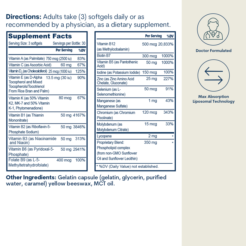 Supplement Facts label and directions for B-Complex Multivitamin softgels with mineral content, doctor formulated badge, and 