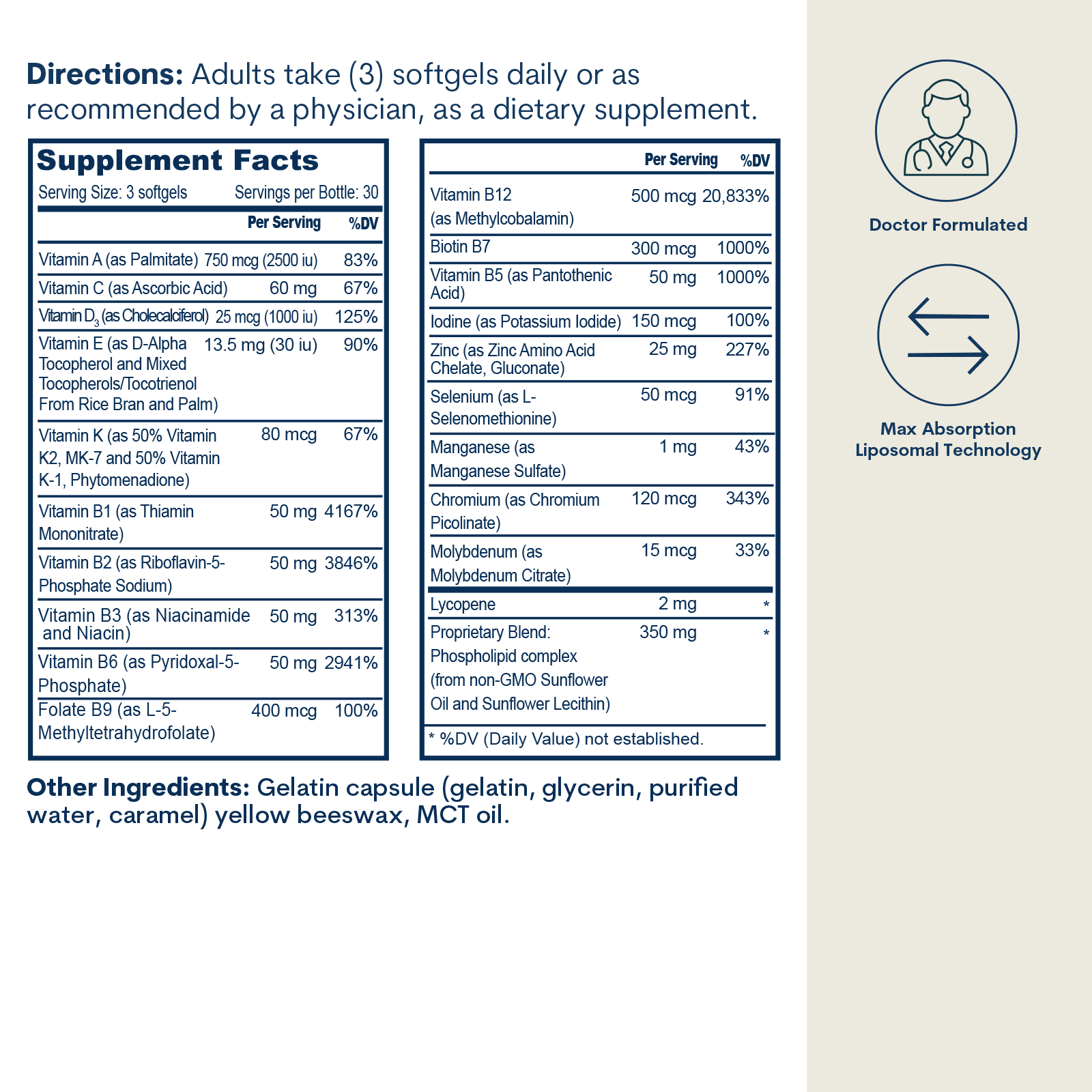 Supplement Facts label and directions for B-Complex Multivitamin softgels with mineral content, doctor formulated badge, and 