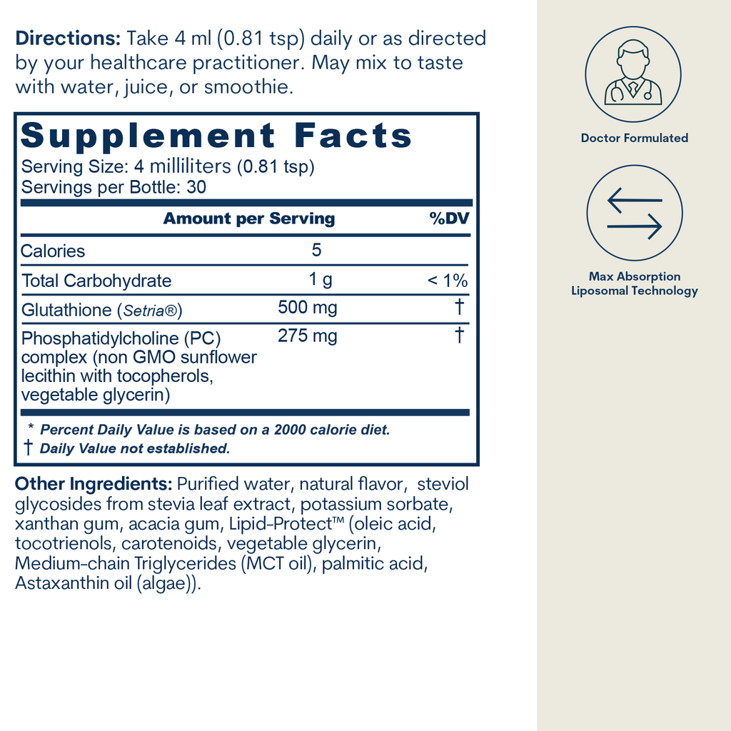 Supplement facts label for liquid liposomal glutathione with dosage instructions and ingredient list.