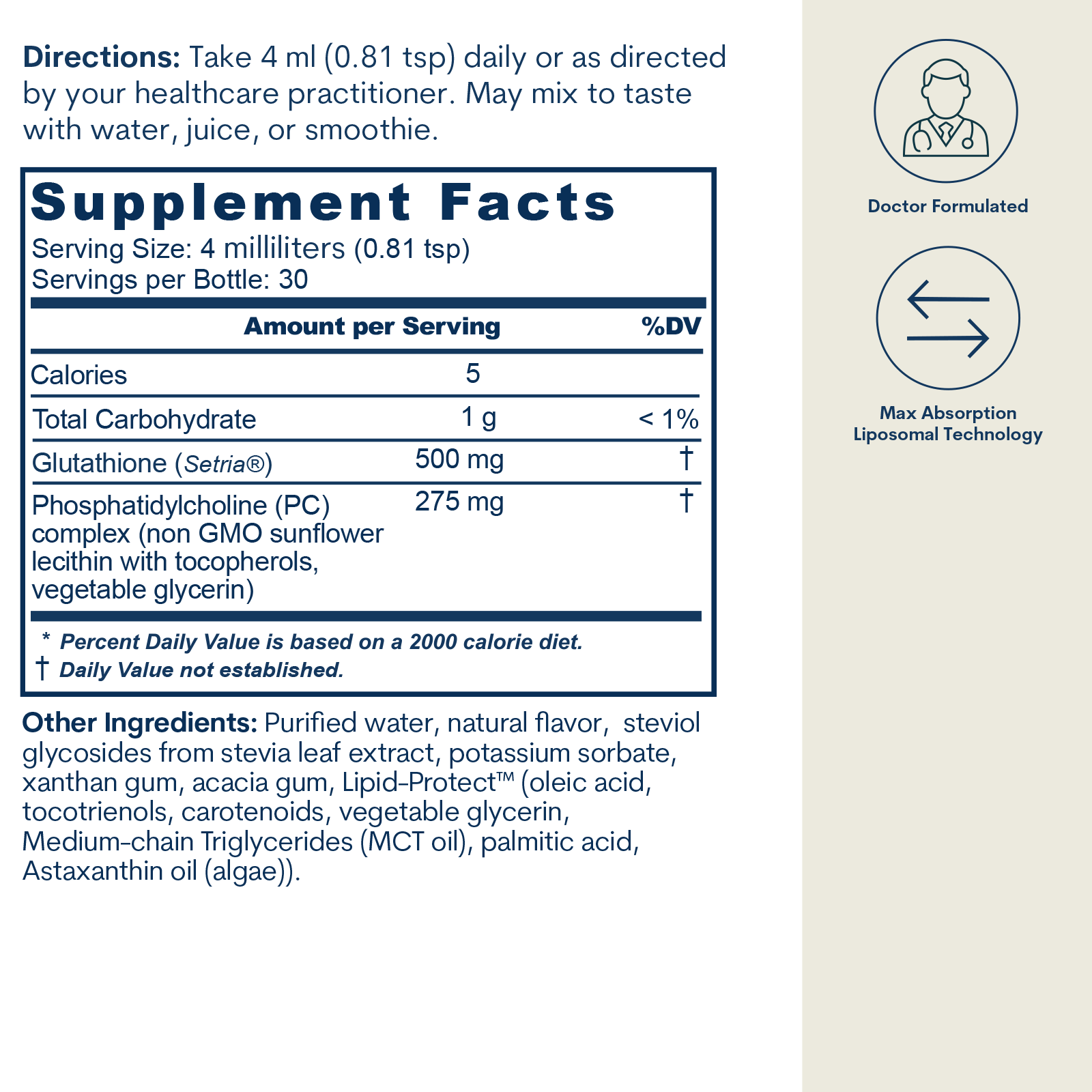 Supplement facts label for liquid liposomal glutathione with dosage instructions and ingredient list.