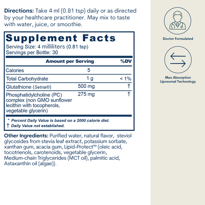 Supplement facts label for liquid liposomal glutathione with dosage instructions and ingredient list.