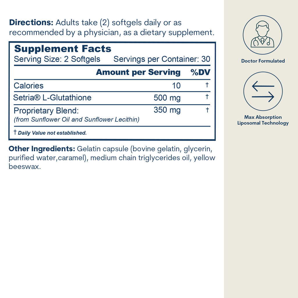 Supplement Facts label for liposomal glutathione softgels with dosage directions and ingredient information.