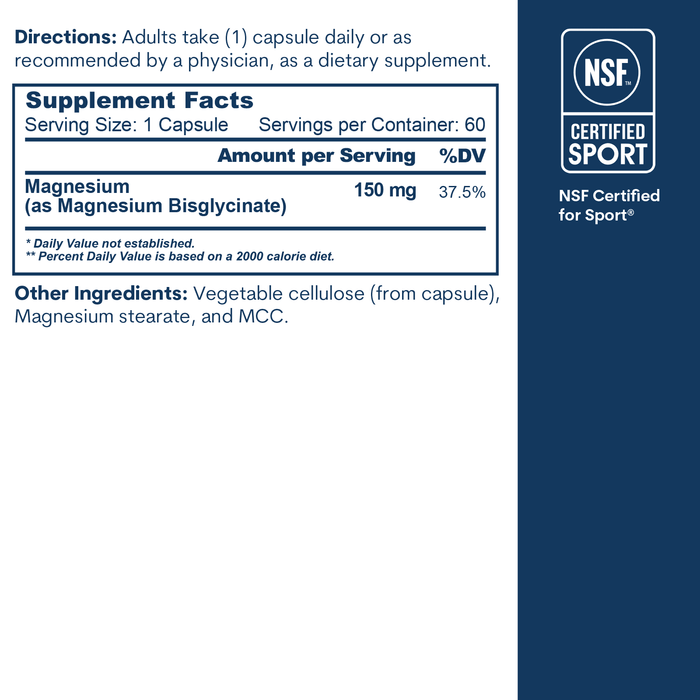 Magnesium 60CT supplement bottle label showing 150mg magnesium bisglycinate per capsule with NSF Certified for Sport badge.