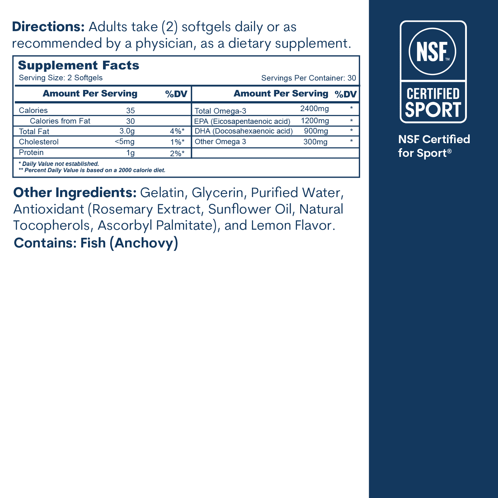 Omega-3 softgel supplement facts label showing 2400mg total omega-3 per serving with NSF Certified for Sport badge.