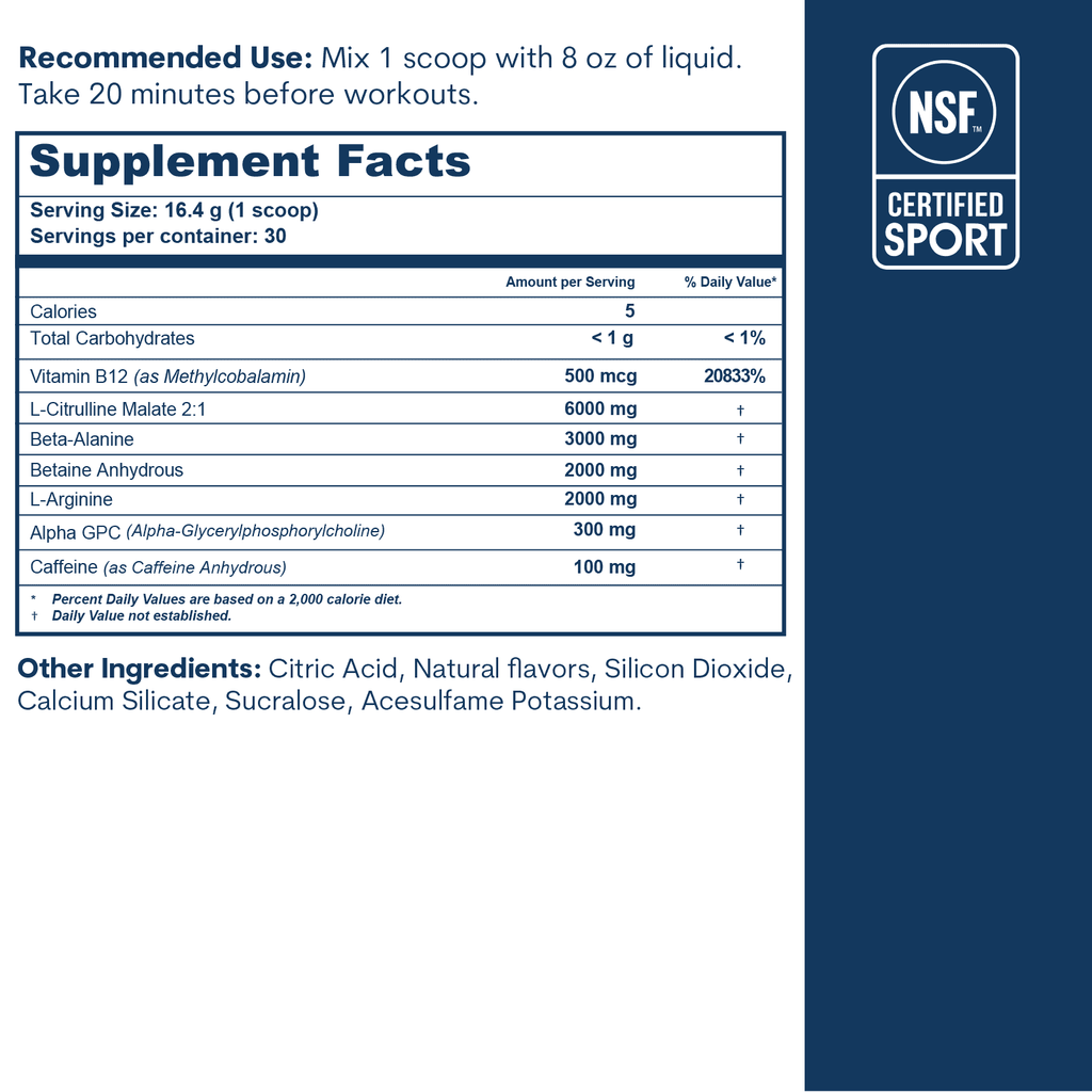 Pre-workout supplement nutrition label with ingredient list and NSF Certified Sport badge on dark blue background.