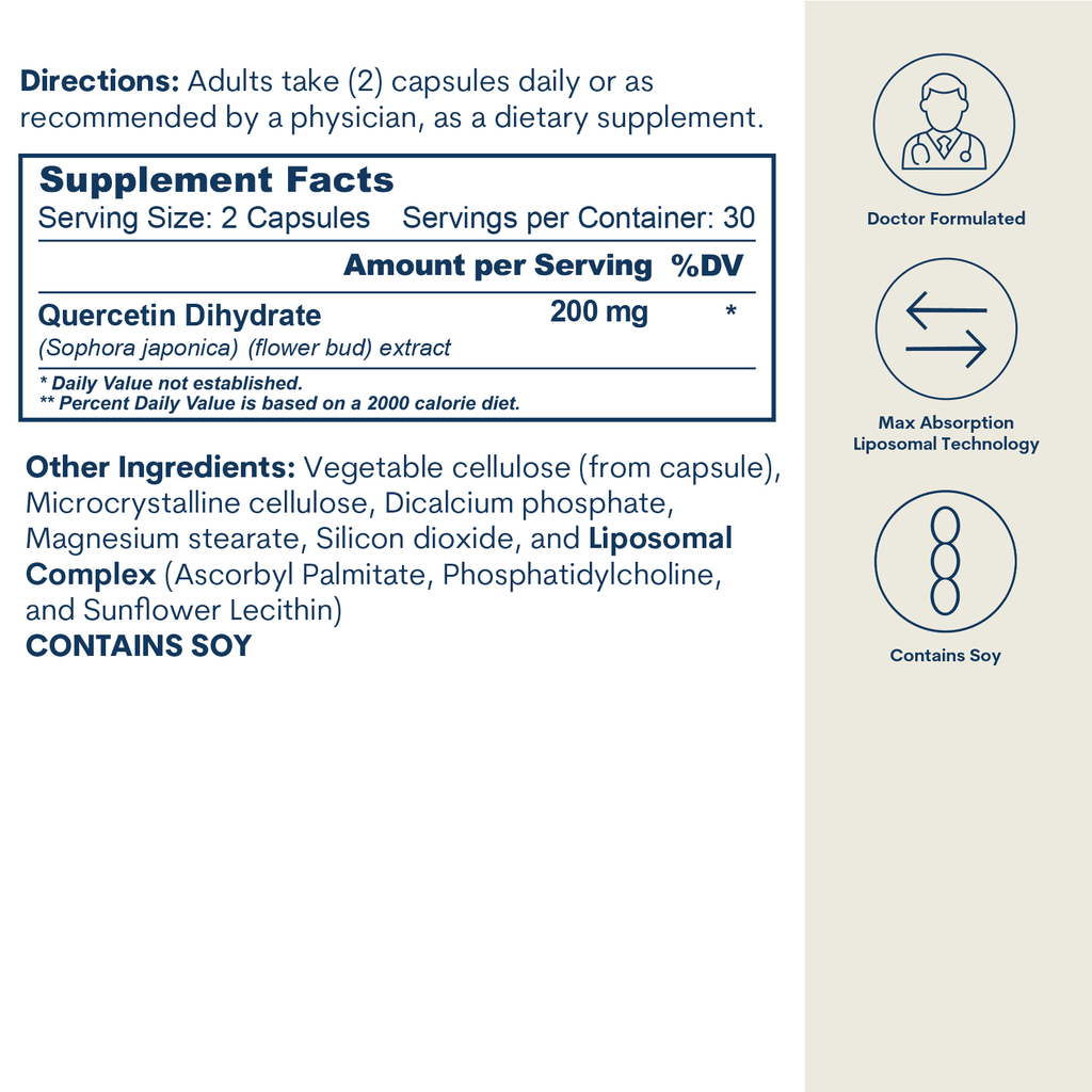Supplement facts label showing directions, quercetin dihydrate 200mg per serving, ingredient list, and icons for doctor formu
