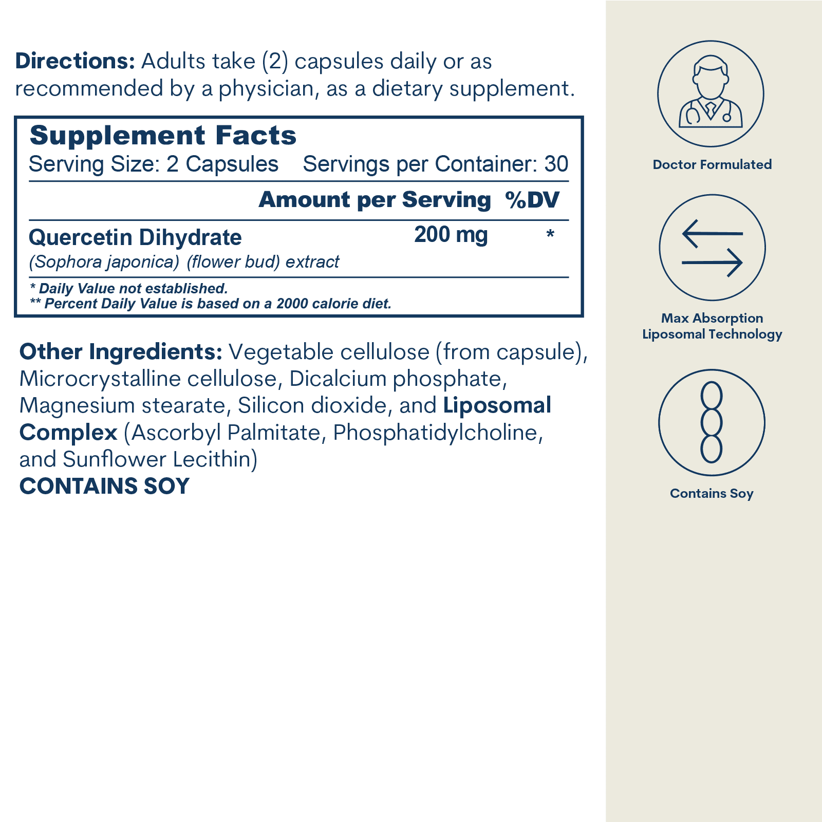 Supplement facts label showing directions, quercetin dihydrate 200mg per serving, ingredient list, and icons for doctor formu