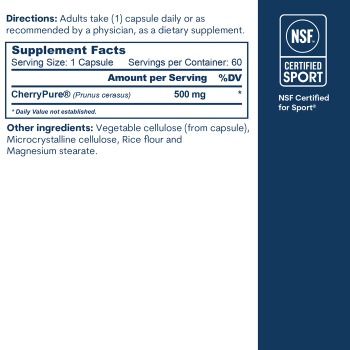 Supplement Facts label and NSF Certified for Sport badge displaying 60-count tart cherry capsules with 500mg CherryPure per s