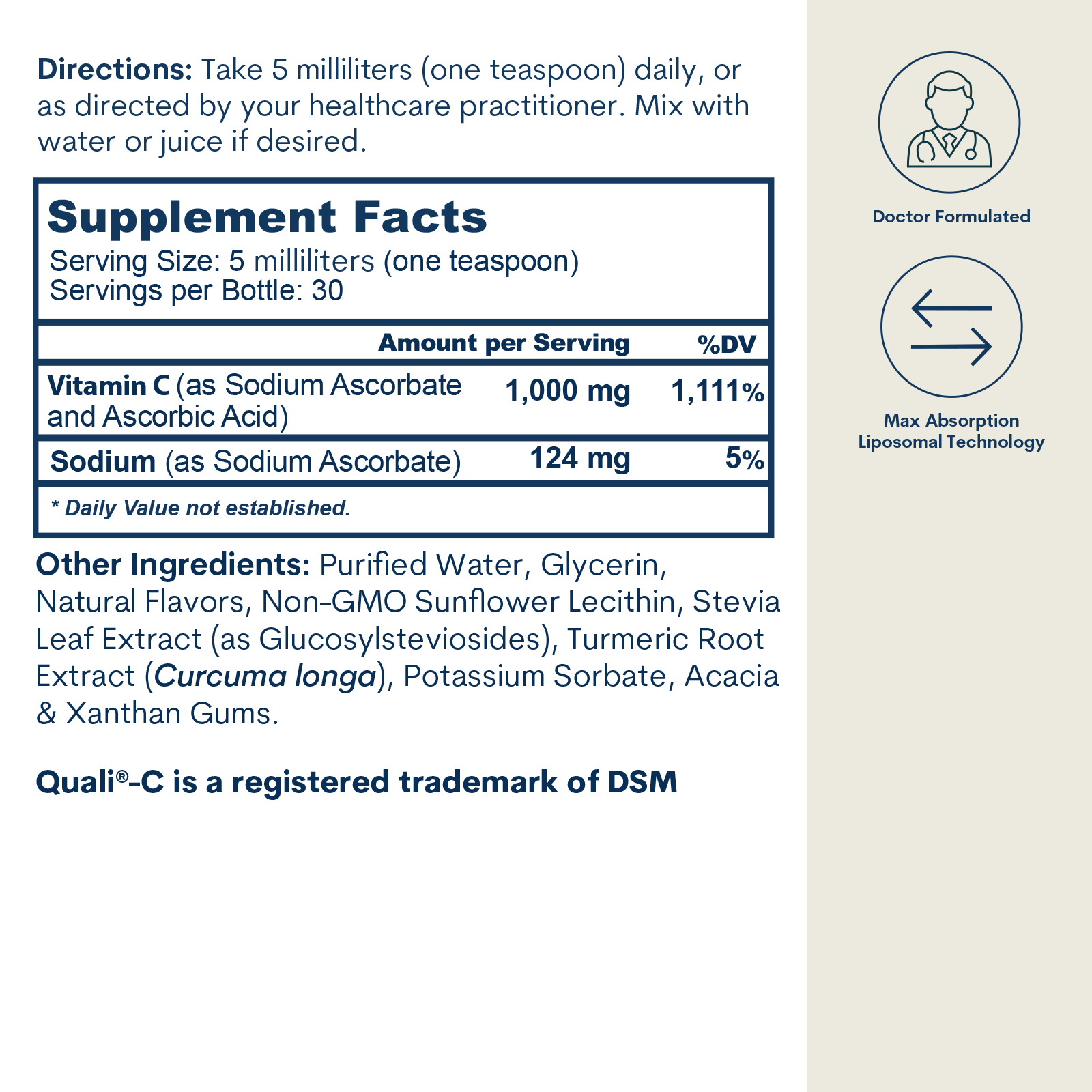 Supplement facts label showing vitamin C liquid dosage, ingredients, and serving information with doctor formulated and lipos