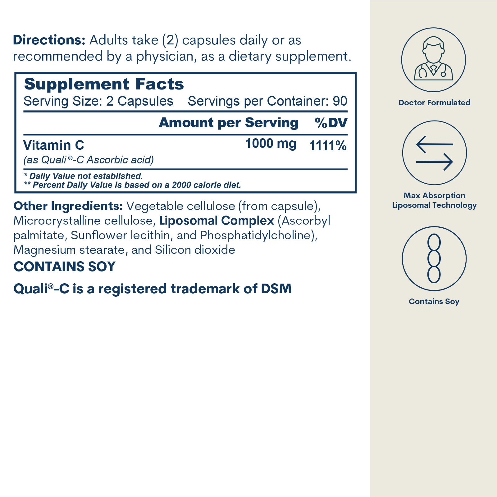 Supplement Facts label displaying directions, serving size of 2 capsules, 1000 mg vitamin C per serving, ingredients includin