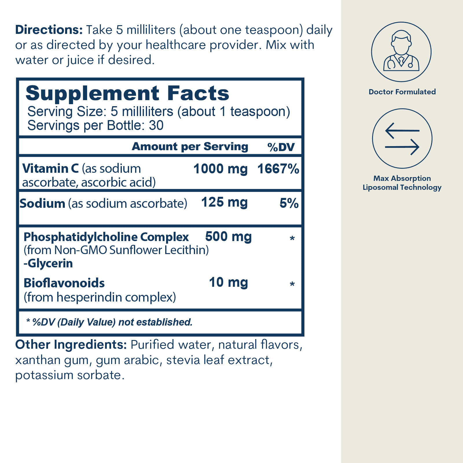 Supplement Facts label for Liposomal Vitamin C liquid showing serving size, ingredient amounts, and usage directions with doc