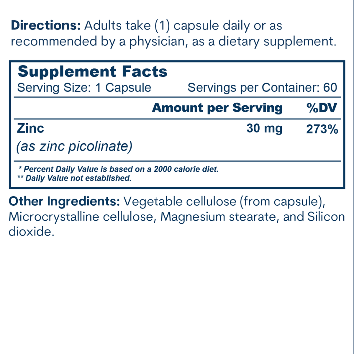 Supplement Facts label showing directions, zinc content of 30mg per capsule, and other ingredients for a 60-count bottle.
