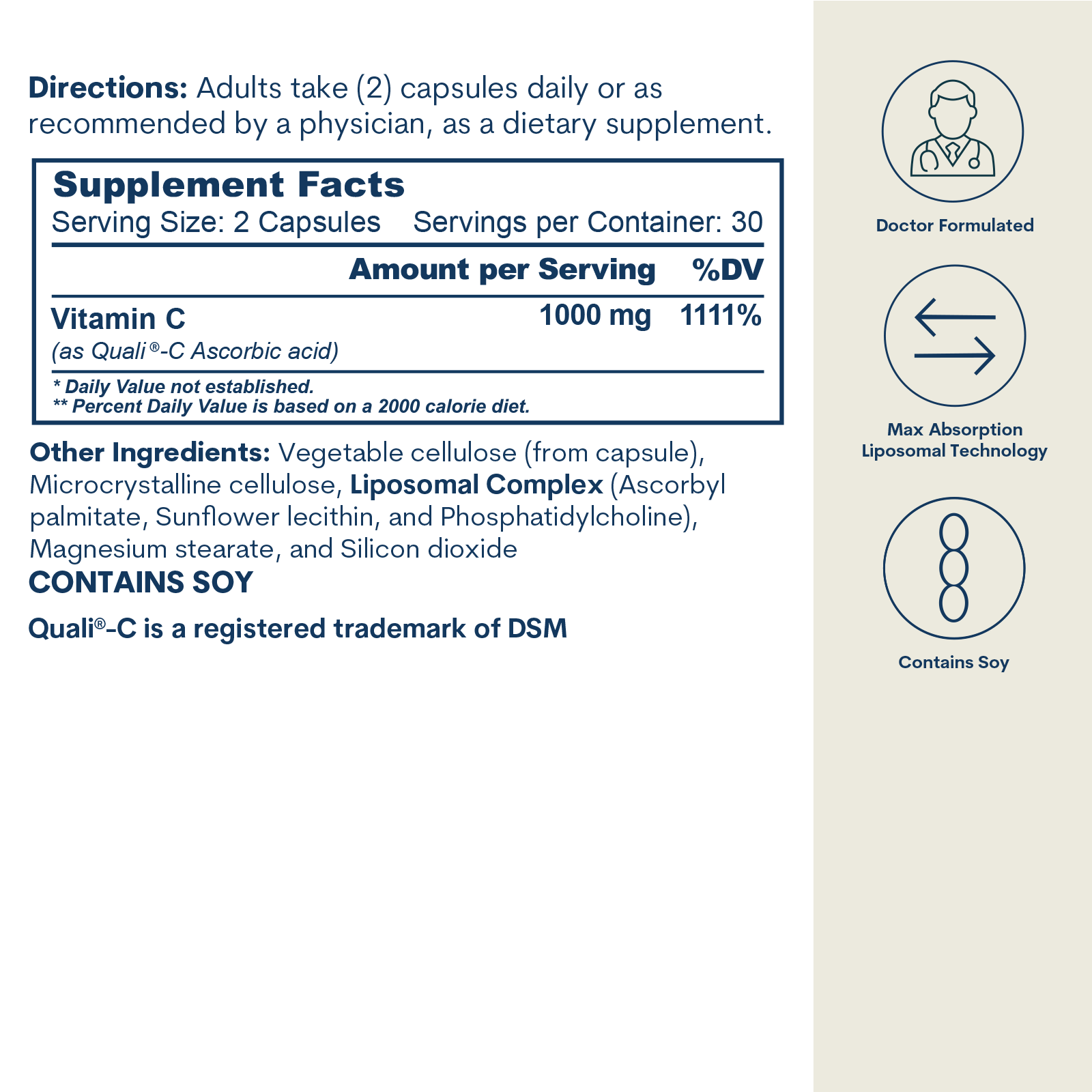 Supplement facts label showing directions, vitamin C dosage information, ingredients list, and icons indicating doctor-formul