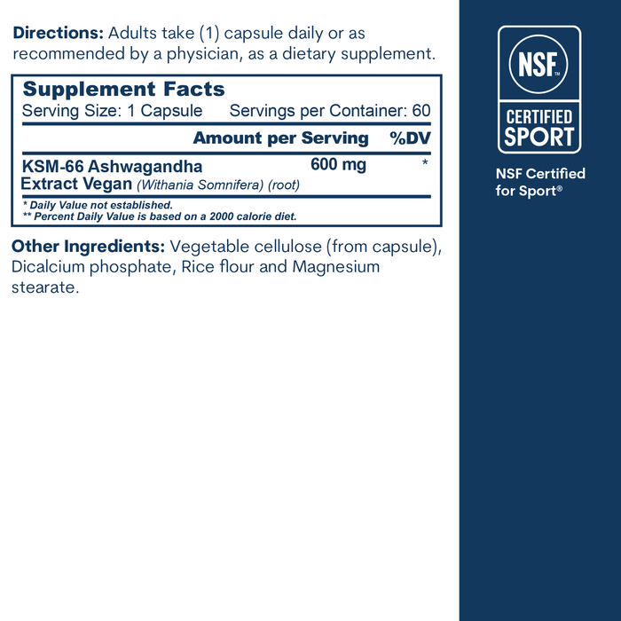 Bottle label showing supplement facts for ashwagandha extract capsules with NSF Certified for Sport logo on dark blue backgro