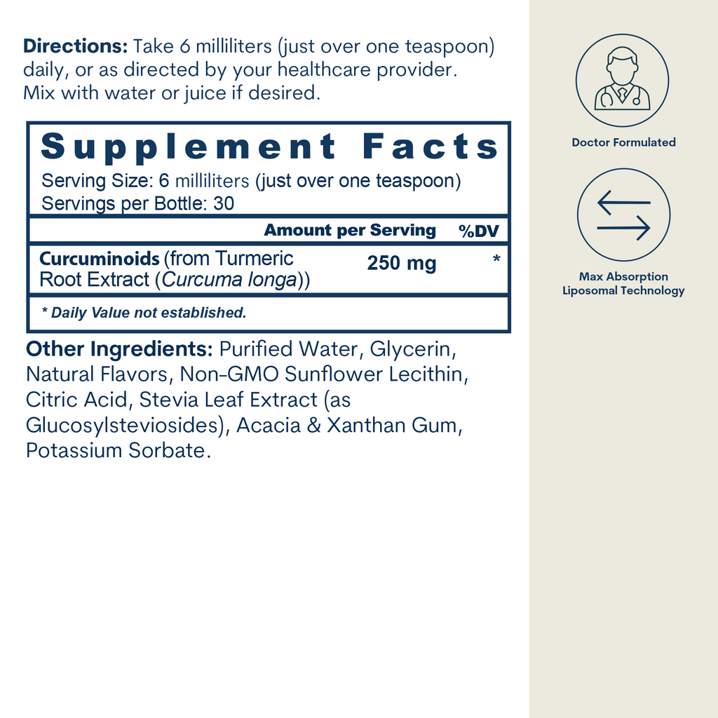 Supplement facts label for liposomal curcumin 250 mg liquid with directions, ingredients, and doctor-formulated badges.