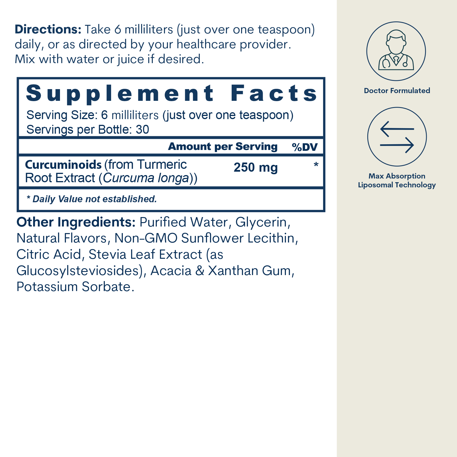 Supplement facts label for liposomal curcumin 250 mg liquid with directions, ingredients, and doctor-formulated badges.