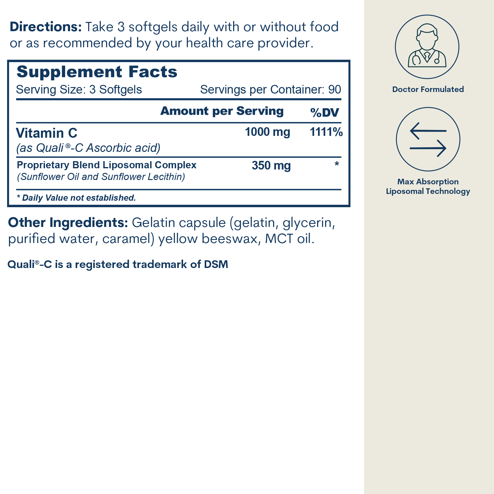 Supplement Facts label for Liposomal Vitamin C softgels showing dosage, ingredients, and icons indicating doctor formulated p