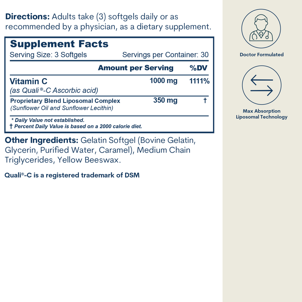 Supplement facts label for liposomal vitamin C softgels with directions, ingredients, and doctor-formulated certification bad