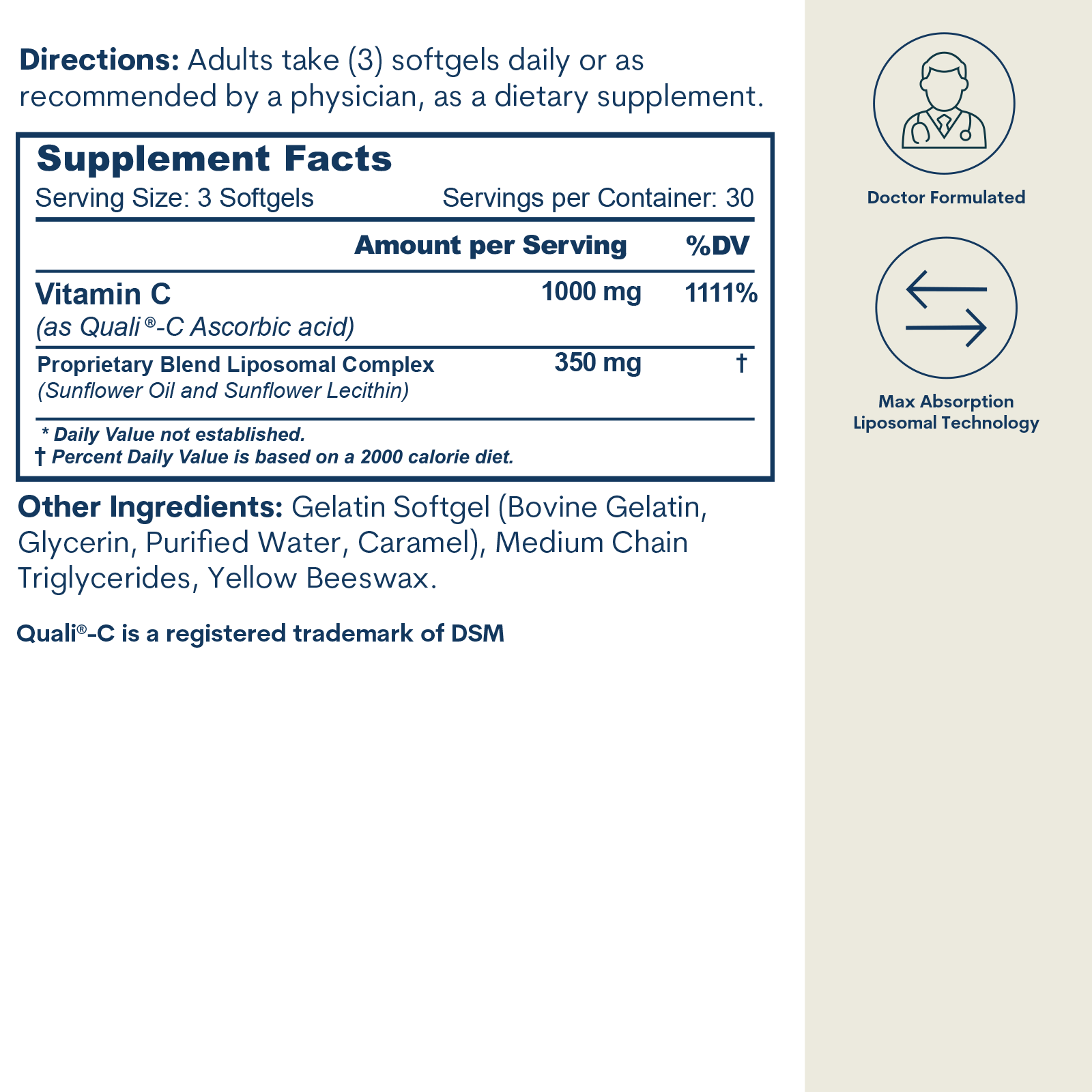 Supplement facts label for liposomal vitamin C softgels with directions, ingredients, and doctor-formulated certification bad