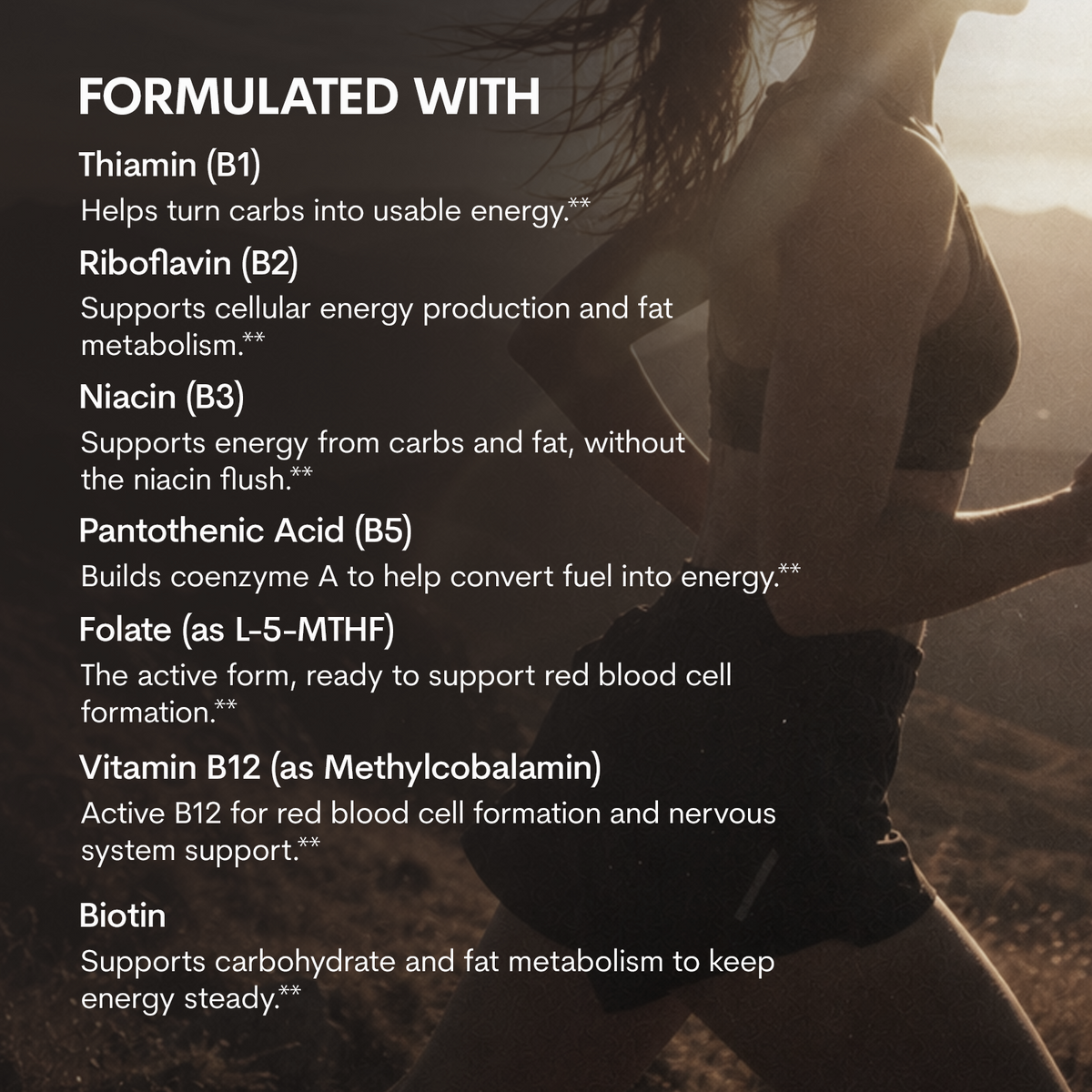 Text list of B vitamins and their benefits overlays a dim photo of a woman jogging outdoors in athletic wear.