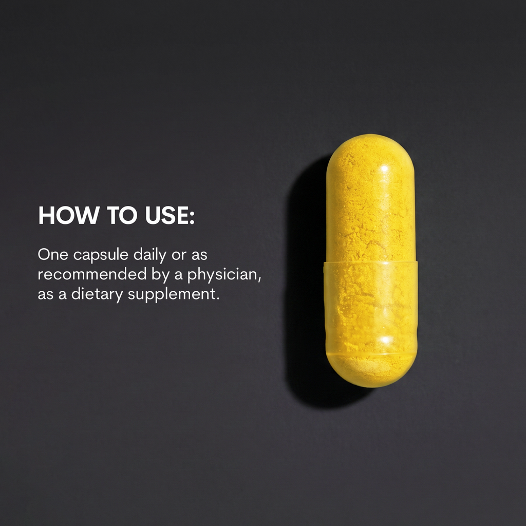 A single translucent yellow capsule filled with powder sits on a dark background beside white usage instructions text.