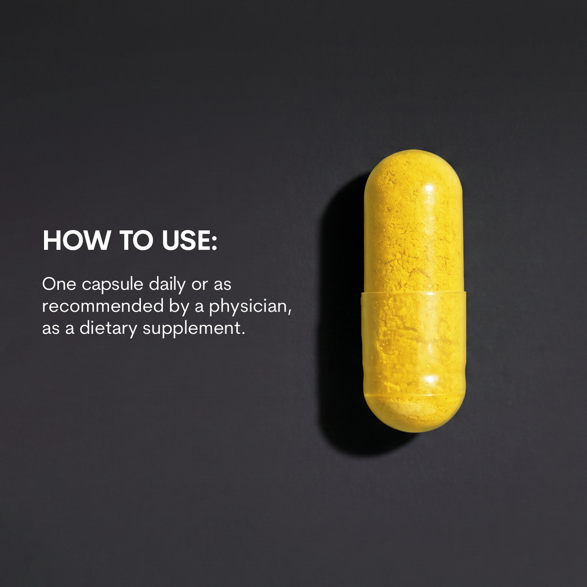 A single translucent yellow capsule filled with powder sits on a dark background beside white usage instructions text.