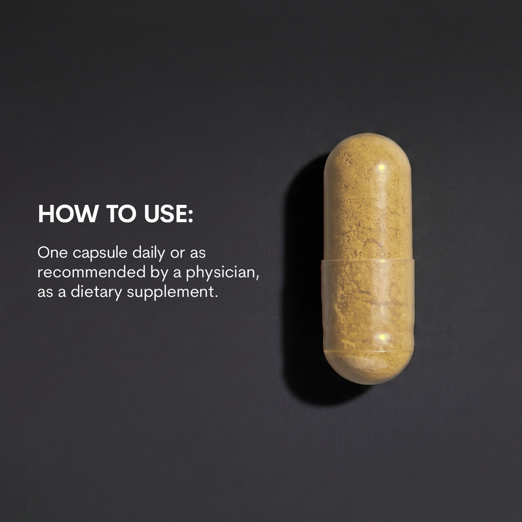 Single tan capsule filled with powder against dark background.