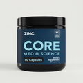 Black container with dark blue label showing "Zinc Core Med Science" text, "60 Capsules" and NSF Certified Sport badge.