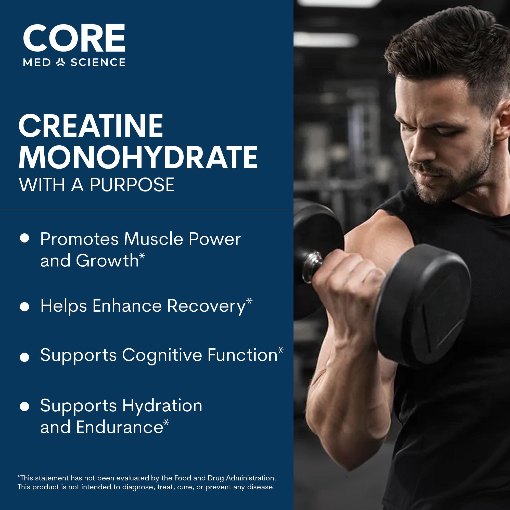Core Med Science Creatine Monohydrate supplement packaging with text and man lifting dumbbell.