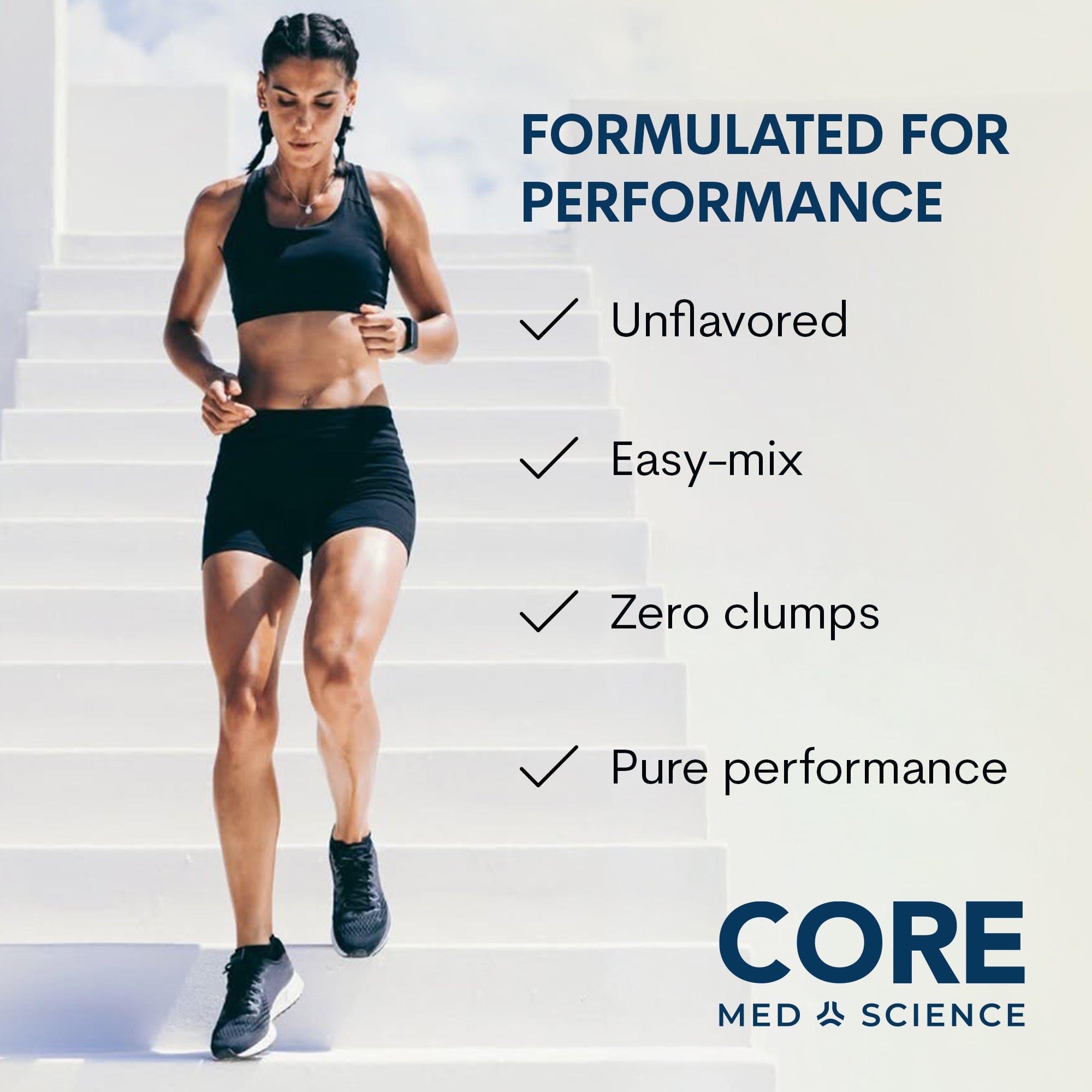 Woman jogging on stairs wearing black sports bra and shorts with product features listed.