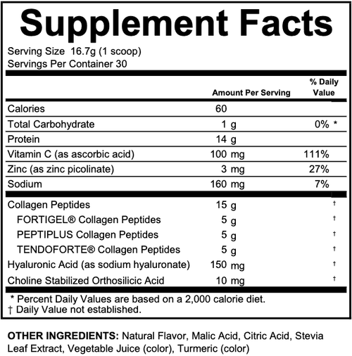 Supplement Facts label showing collagen peptides powder with 14g protein, 15g collagen peptides, and watermelon flavoring per
