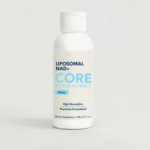 White bottle labeled "Liposomal NAD+ CORE" with citrus flavor, 4 oz dietary supplement.