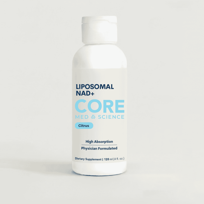 White bottle labeled "Liposomal NAD+ CORE" with citrus flavor, 4 oz dietary supplement.