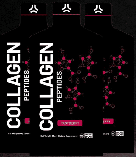 Three black pouches labeled "Collagen Peptides" with molecular structure diagrams and raspberry flavor branding on dark backg
