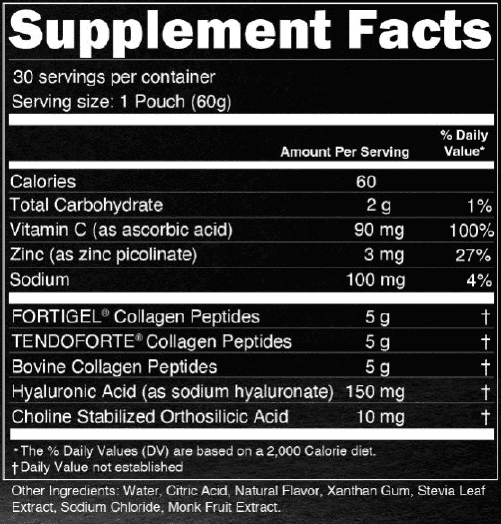 Box of 30 single-serve raspberry-flavored liquid collagen supplement pouches with nutrition facts label visible.