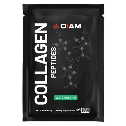 Black single-serve pouch of OIAM Collagen Peptides powder in watermelon flavor, 16.7g net weight.