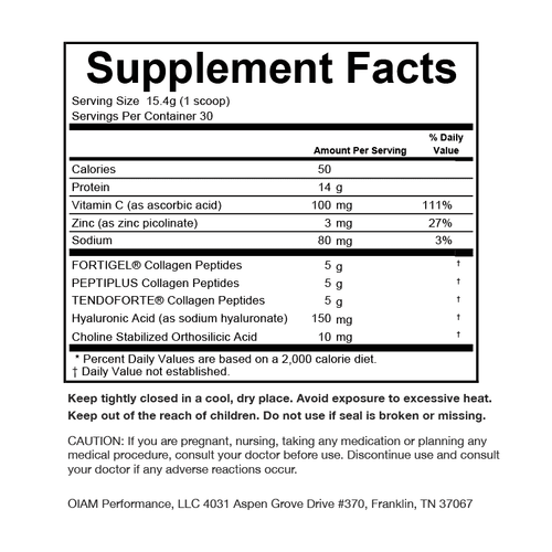 Supplement Facts label showing nutritional information for collagen peptides powder with 15.4g serving size, 14g protein per 