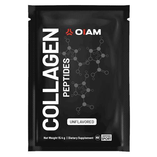 Black single-serve pouch of OIAM Collagen Peptides powder, unflavored, 15.4g, with molecular structure graphic and NSF Certif