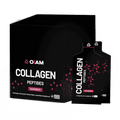 Black box containing OIAM Collagen Peptides in raspberry flavor with individual black single-serve pouches displaying molecul