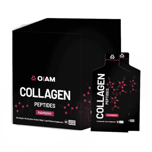 Black box containing OIAM Collagen Peptides in raspberry flavor with individual black single-serve pouches displaying molecul