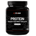 Black plastic container of OIAM grass-fed whey protein isolate powder, 720g, with white text and molecular graphics on label.
