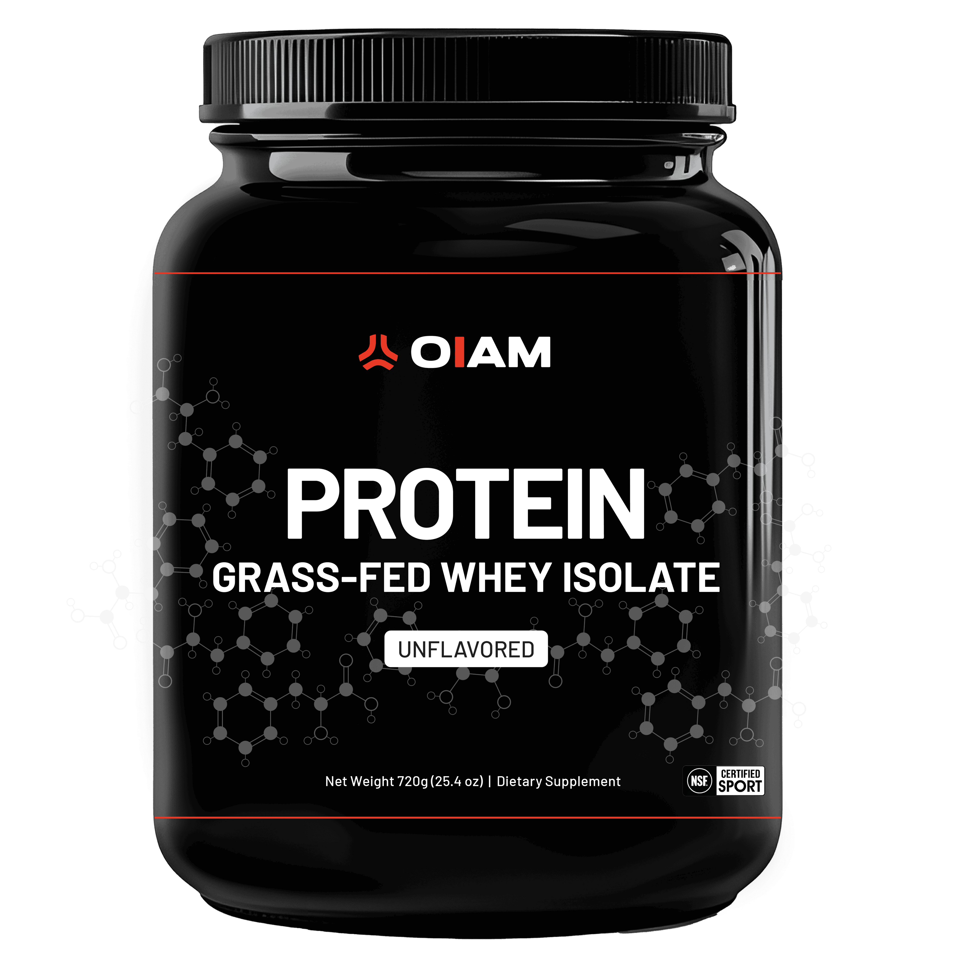 Black plastic container of OIAM grass-fed whey protein isolate powder, 720g, with white text and molecular graphics on label.