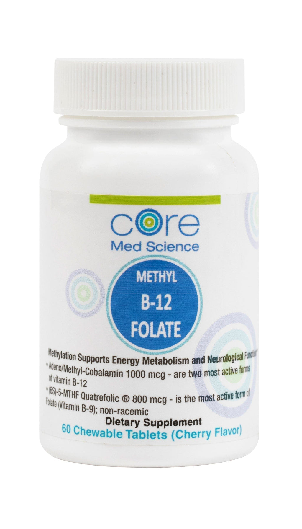White bottle with white cap labeled "Core Med Science Methyl B-12 Folate" containing 60 cherry flavor chewable tablets.