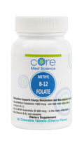 White bottle with white cap labeled "Core Med Science Methyl B-12 Folate" containing 60 cherry flavor chewable tablets.