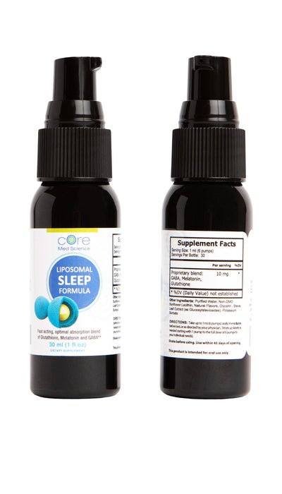 Bottle of Liposomal Sleep Formula, Core Med Science - Front and Back of Label